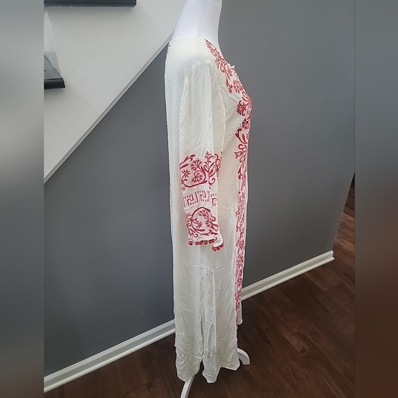 Soft Surroundings Embroidered Kaftan Dress Red White Size Med  Gauzy Resortwear - Picture 4 of 7
